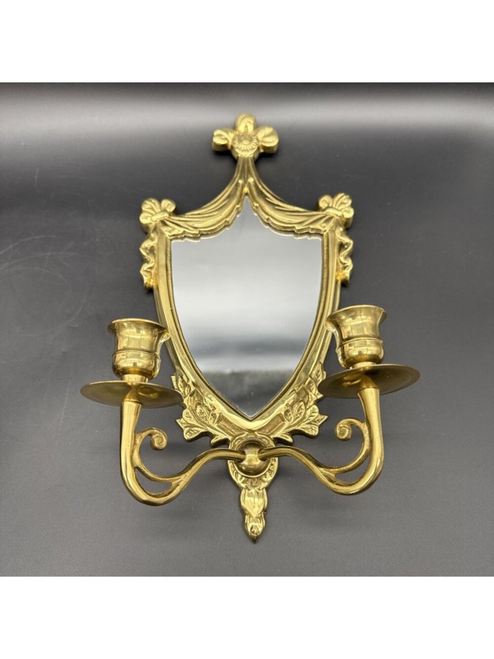 Vintage Brass Gold Metal Heavy Mirror Ornate Victorian Rococo 2 Arm Wall Sconce